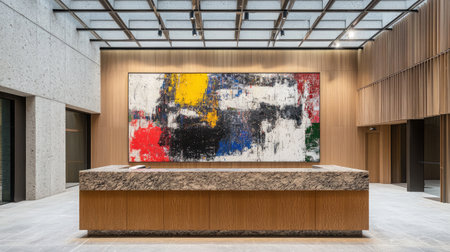 A contemporary hotel reception area showcasing a wooden desk with a granite countertop, set against a backdrop of a large abstract painting.の素材