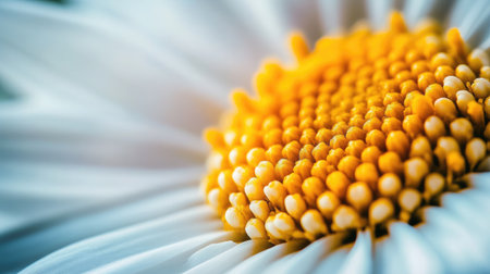 A close-up of a daisy flower with white petals and a bright yellow center, symbolizing purity and innocence.の素材