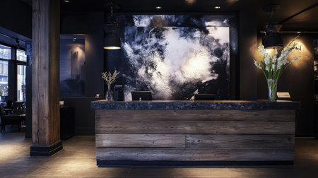 A contemporary hotel reception area showcasing a wooden desk with a granite countertop, set against a backdrop of a large abstract painting.の素材