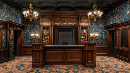 A boutique hotel reception area showcasing a vintage wooden desk, complemented by patterned wallpaper and antique chandeliers.の素材