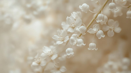 A close-up of a delicate lily of the valley flower with its tiny white bell-shaped blossoms, exuding a sweet fragrance.の素材