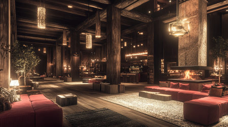 A cozy hotel lobby with a mountain lodge aesthetic, featuring exposed wooden beams, a large stone fireplace, and rustic furnishings creating a warm atmosphere.の素材