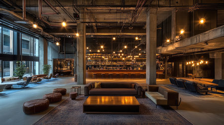 A boutique hotel lobby with a vintage industrial theme, featuring exposed pipes, reclaimed wood furniture, and Edison bulb lighting fixtures.の素材