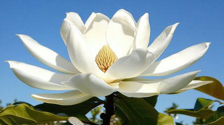 A close-up of a blooming magnolia flower with its large, creamy petals and a subtle fragrance, set against a clear blue sky.の素材