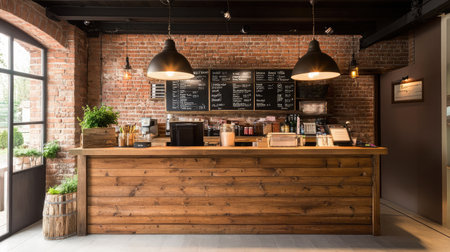 A cozy hotel reception area featuring a rustic wooden desk, surrounded by exposed brick walls and industrial-style lighting.の素材