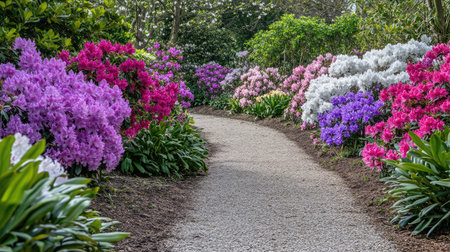 A garden pathway lined with blooming azaleas in various colors, creating a vibrant and inviting scene.の素材