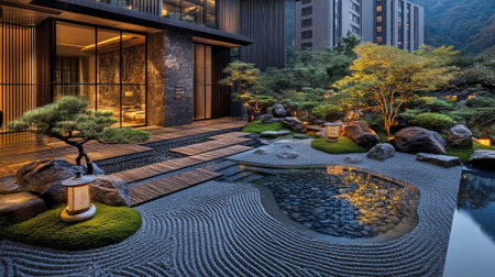 A hotel pool surrounded by a zen garden, featuring meticulously raked gravel, bonsai trees, and stone lanterns creating a peaceful ambiance.の素材