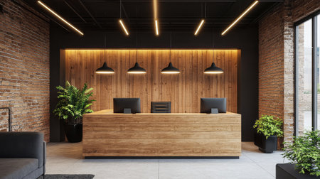 A cozy hotel reception area featuring a rustic wooden desk, surrounded by exposed brick walls and industrial-style lighting.の素材