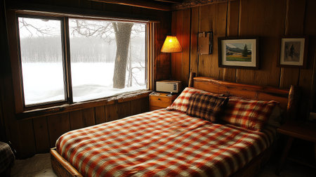 A cozy hotel room with rustic charm, showcasing a double bed with plaid bedding, wooden furnishings, and a window overlooking a snowy landscape.の素材