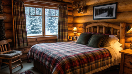 A cozy hotel room with rustic charm, showcasing a double bed with plaid bedding, wooden furnishings, and a window overlooking a snowy landscape.の素材