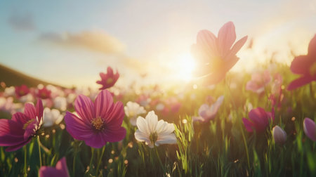 A field of vibrant cosmos flowers in shades of pink, white, and red, dancing in the gentle summer breeze.の素材