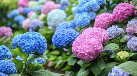 A garden filled with blooming hydrangeas in various shades of blue and pink, creating a lush and colorful display.の素材