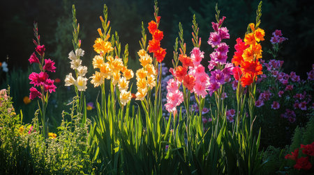 A field of vibrant gladiolus flowers in full bloom, their tall spikes adorned with blossoms in various colors.の素材