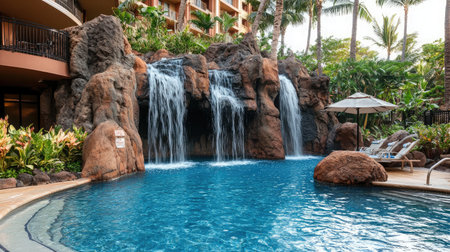 A hotel pool with an integrated waterfall feature, where water cascades over natural rocks into the clear blue pool below.の素材