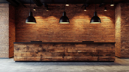 A cozy hotel reception with a rustic wooden desk, surrounded by exposed brick walls and industrial-style pendant lights.の素材