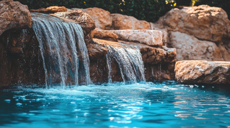 A hotel pool with an integrated waterfall feature, where water cascades over natural rocks into the clear blue pool below.の素材