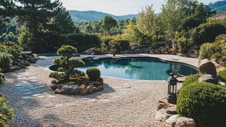 A hotel pool surrounded by a zen garden, featuring meticulously raked gravel, bonsai trees, and stone lanterns creating a peaceful ambiance.の素材