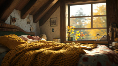 A cozy hotel room with rustic decor, showcasing a double bed with knitted blankets, wooden accents, and a window overlooking a tranquil forest.の素材