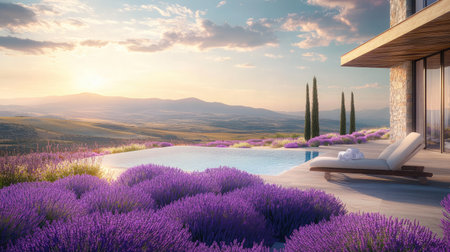 A hotel pool surrounded by a lavender field, with the soothing scent of blooming flowers enhancing the relaxing atmosphere.の素材