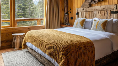 A cozy hotel room with rustic decor, showcasing a double bed with knitted blankets, wooden accents, and a window overlooking a tranquil forest.の素材