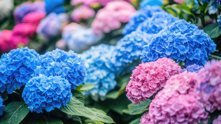 A garden filled with blooming hydrangeas in various shades of blue and pink, creating a lush and colorful display.の素材