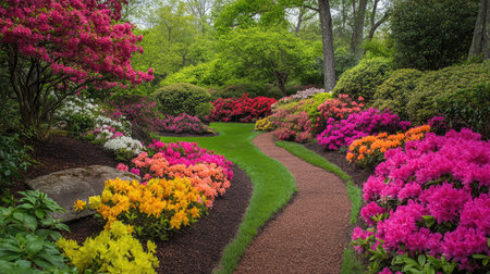 A garden pathway lined with blooming azaleas in various colors, creating a vibrant and inviting scene.の素材