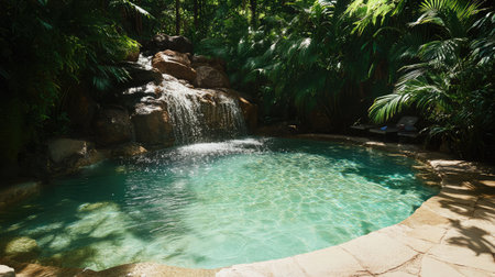 A hotel pool with an integrated waterfall feature, where water cascades over natural rocks into the clear blue pool below.の素材