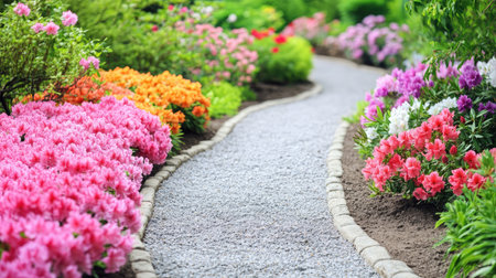 A garden pathway lined with blooming azaleas in various colors, creating a vibrant and inviting scene.の素材