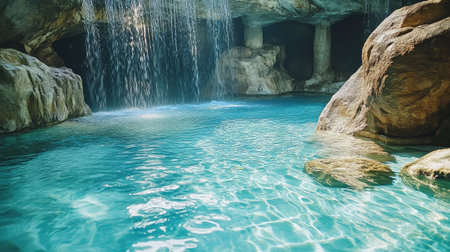 A hotel pool with an integrated waterfall feature, where water cascades over natural rocks into the clear blue pool below.の素材
