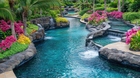 A hotel pool with a lazy river feature, winding through landscaped gardens filled with colorful flowers and swaying palm trees.の素材