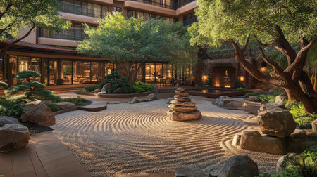 A hotel pool surrounded by a zen garden, featuring meticulously raked gravel, bonsai trees, and stone lanterns creating a peaceful ambiance.の素材