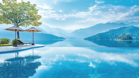 A hotel pool with an infinity edge blending seamlessly into a tranquil lake, with mountains rising majestically in the background.の素材