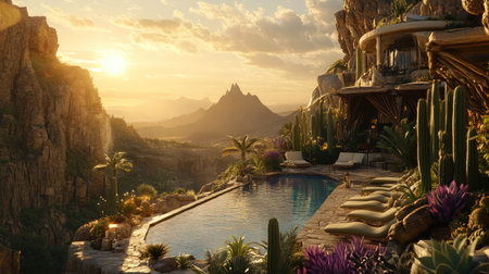 A hotel pool surrounded by a desert landscape, with cacti and succulents adorning the perimeter, and the sun setting over distant dunes.の素材