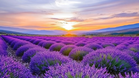 A lavender field stretching to the horizon, with rows of purple blooms under a golden sunset sky, exuding a calming and aromatic ambiance.の素材