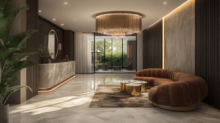 A luxurious hotel lobby featuring a grand chandelier, marble floors, and plush seating arrangements, exuding elegance and sophistication.の素材