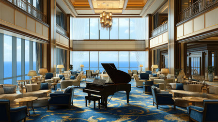A luxurious hotel lobby with floor-to-ceiling windows offering panoramic views, complemented by elegant furnishings and a grand piano as the centerpiece.の素材