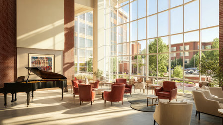 A luxurious hotel lobby with floor-to-ceiling windows offering panoramic views, complemented by elegant furnishings and a grand piano as the centerpiece.の素材