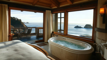 A luxurious hotel suite with a king-size bed, an en-suite bathroom featuring a freestanding tub, and floor-to-ceiling windows offering breathtaking ocean views.の素材