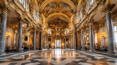 A luxurious hotel lobby with a palatial ambiance, featuring marble columns, intricate ceiling frescoes, and grand chandeliers illuminating the space.の素材
