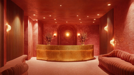 A luxurious hotel reception area with a gold-accented front desk, complemented by plush velvet seating and ambient wall sconces.の素材