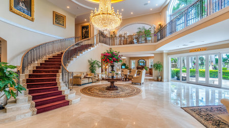 A luxurious hotel lobby featuring a grand chandelier, marble floors, and plush seating arrangements, exuding elegance and sophistication.の素材