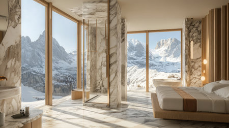 A luxurious hotel suite with a king-size bed, a marble bathroom featuring a walk-in shower, and floor-to-ceiling windows offering stunning mountain views.の素材