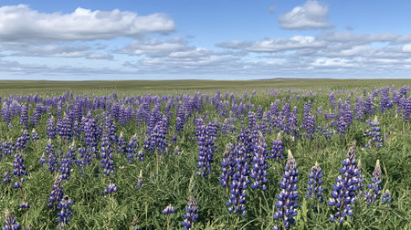 A meadow of wild lupines in shades of purple and blue, stretching towards the horizon under a partly cloudy sky.の素材