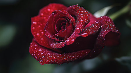 A macro photograph of a single red rose with dewdrops on its petals, highlighting the intricate details and velvety texture.の素材