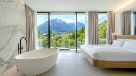 A luxurious hotel suite with a king-size bed, a marble bathroom featuring a soaking tub, and floor-to-ceiling windows offering stunning mountain views.の素材