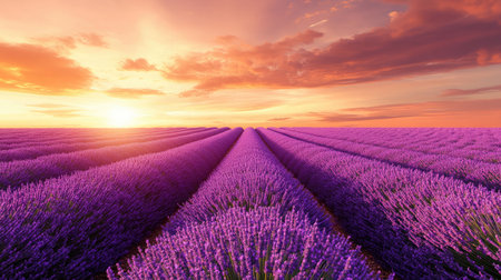 A lavender field stretching to the horizon, with rows of purple blooms under a golden sunset sky, exuding a calming and aromatic ambiance.の素材