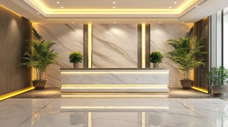 A luxurious hotel reception area showcasing a marble counter with gold accents, flanked by tall indoor plants and ambient floor lighting.の素材