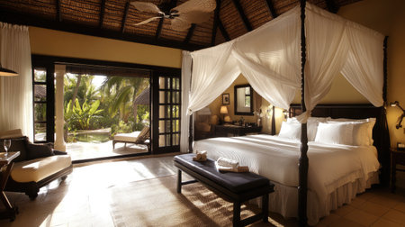 A luxurious hotel suite featuring a king-size four-poster bed with plush white linens, elegant drapery, and a seating area overlooking a landscaped garden.の素材