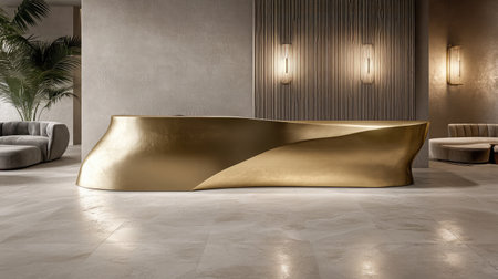 A luxurious hotel reception area with a gold-accented front desk, complemented by plush velvet seating and ambient wall sconces.の素材