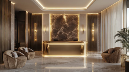 A luxurious hotel reception featuring a gold-accented front desk, complemented by plush velvet seating and ambient wall sconces.の素材